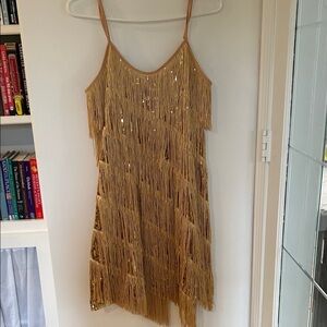 Gold Fringe Sequin Slip Flapper 1920s Dress